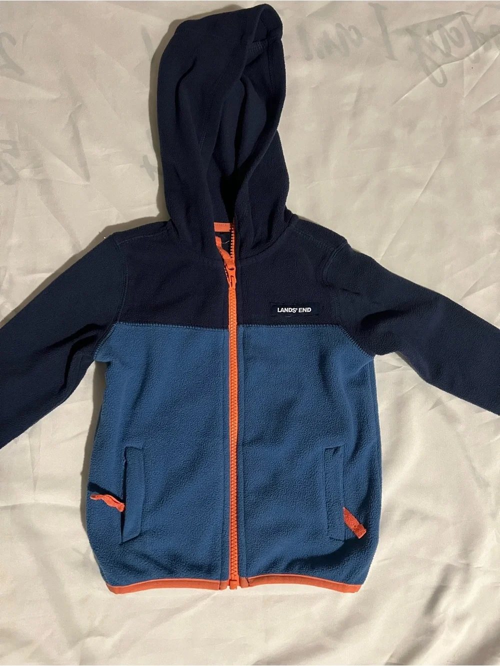 Lands' End Kids Navy and Blue Hooded Fleece Zip Jacket with Orange Trim Size 3T